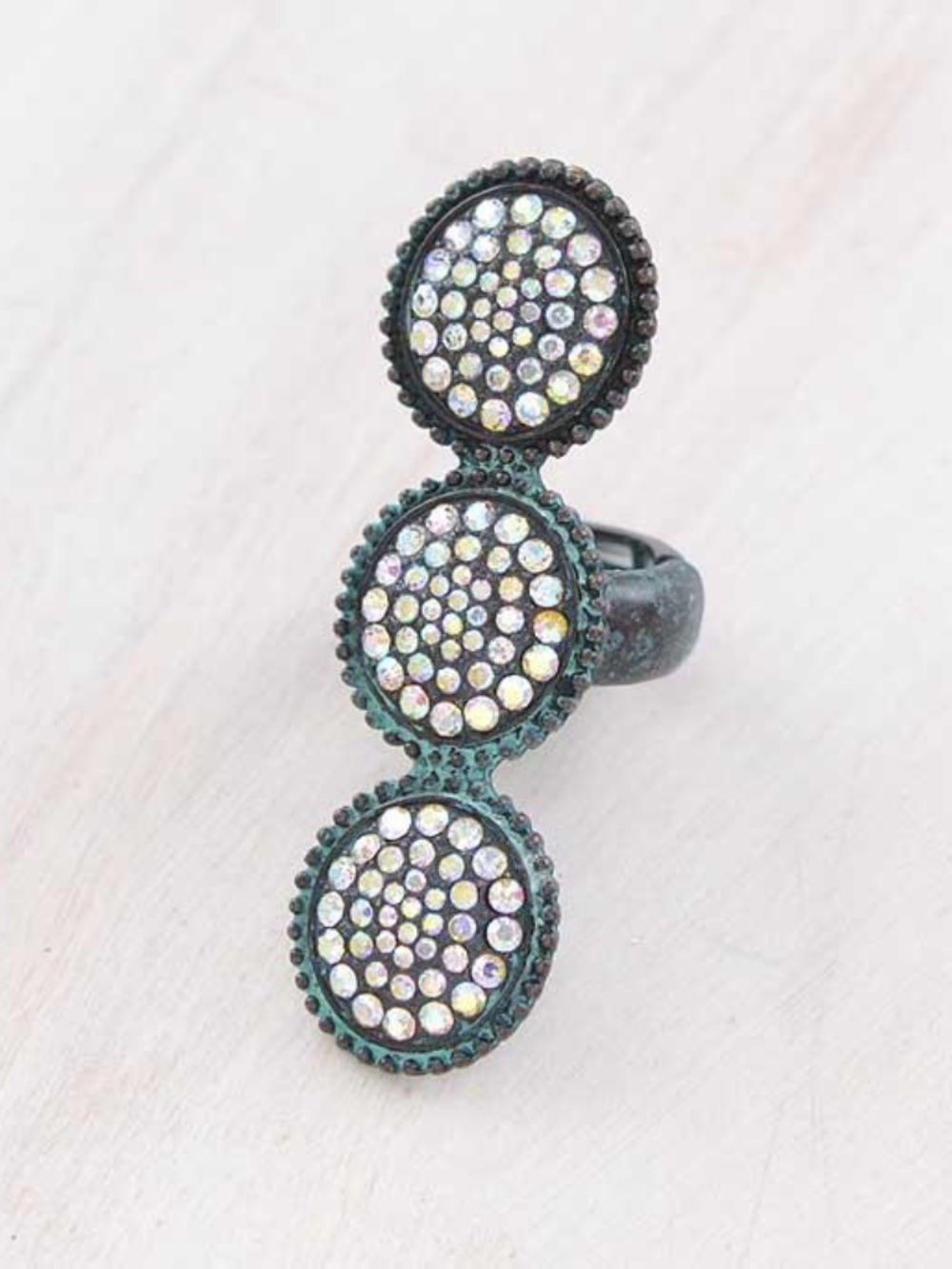 Triple Disc Crystal Statement Ring in Iridescent and Teal Used
